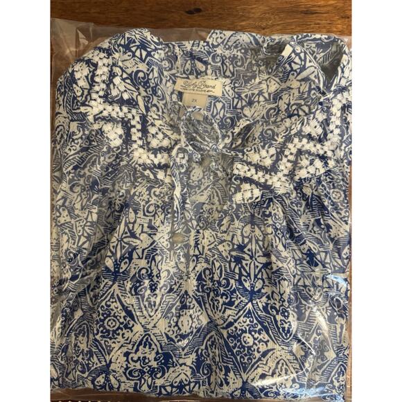 Lucky Brand Peasant Embroidered Bohemian Blue White Relaxed Blouse 3/4 Sleeve 2X - Picture 6 of 11